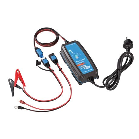 Side profile of the Victron Blue Smart IP65 Charger 12V 4A emphasizing slim, compact form factor | Supplied crocodile clip (clamp connector) included with the Victron Blue Smart IP65 Charger 12V 4A | M8 eyelet connector accessory for permanent battery connections.