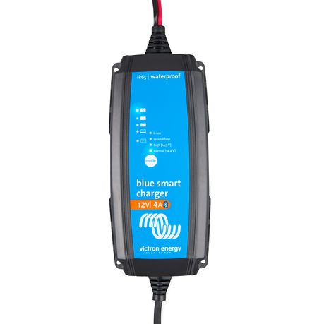 Top view of the Victron Blue Smart IP65 Charger 12V 4A showing status LEDs, buttons, and compact waterproof casing | Overhead shot of the Victron 12V 4A Blue Smart charger highlighting IP65-rated design and Bluetooth indicator.