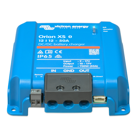 “Victron Orion XS DC-DC charger front view – adaptive 4-stage battery-to-battery charger with Bluetooth for vehicles and boats”
“Front panel of Victron Orion XS DC-DC charger, IP65 rated, smart alternator compatible”