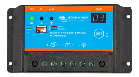 Victron BlueSolar PWM-Light 12/24V 30A solar charge controller with automatic load disconnect and timer-controlled lighting