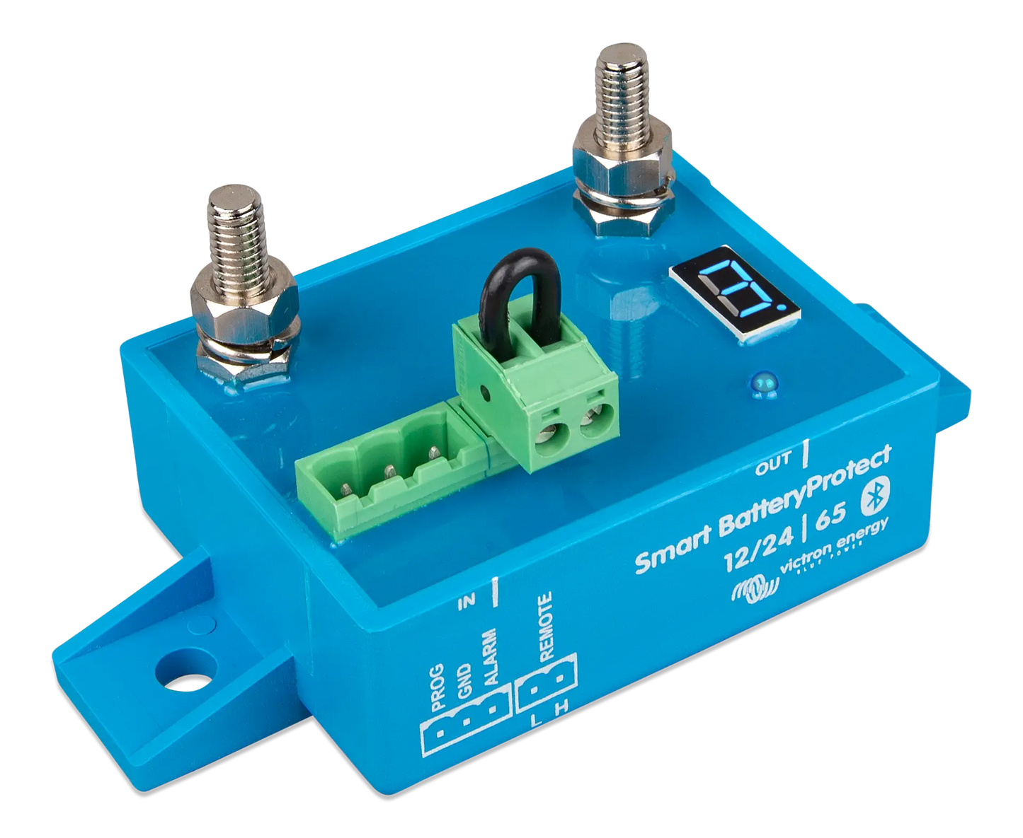 Detailed view of Victron Smart Battery Protect 12/24V-65A highlighting LED indicators and label details