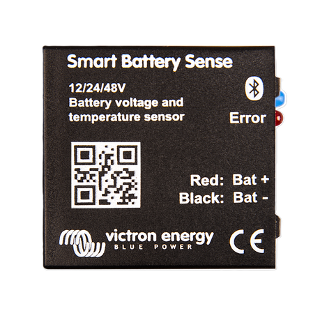 Close-up of Victron Smart Battery Sense showing LED indicators and device label