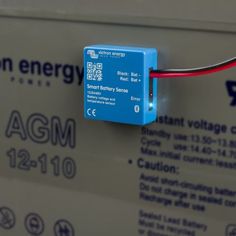 Victron Smart Battery Sense installed on a battery to monitor voltage, temperature, and state of charge