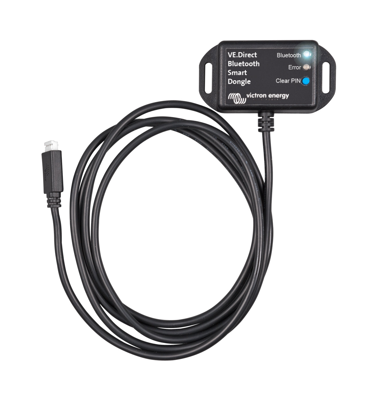 Front view of the Victron VE.Direct Bluetooth Smart Dongle with attached VE.Direct cable | Close-up of the Victron Bluetooth dongle status LEDs and PIN code button