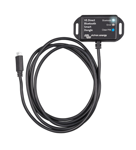 Front view of the Victron VE.Direct Bluetooth Smart Dongle with attached VE.Direct cable | Close-up of the Victron Bluetooth dongle status LEDs and PIN code button