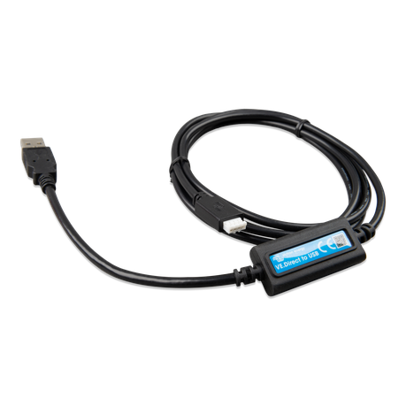 Close-up of VE.Direct to USB connector showing USB plug and VE.Direct port