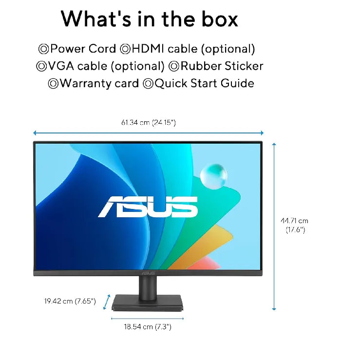 Front view of ASUS VA279HG 27 inch Eye Care Gaming Monitor showing IPS Full HD display and sleek frameless design