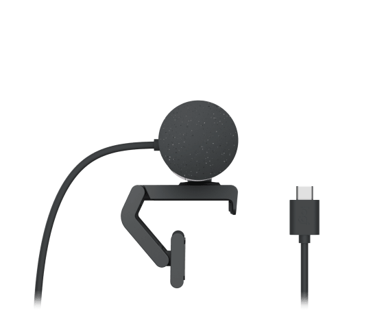 Close-up of Logitech Brio 500 webcam lens with autofocus and privacy shutter in graphite
