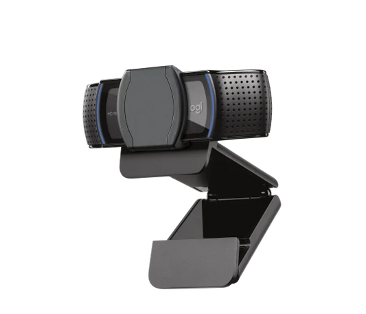 Close-up of Logitech C920s HD Pro Webcam privacy shutter covering the camera lens for added security