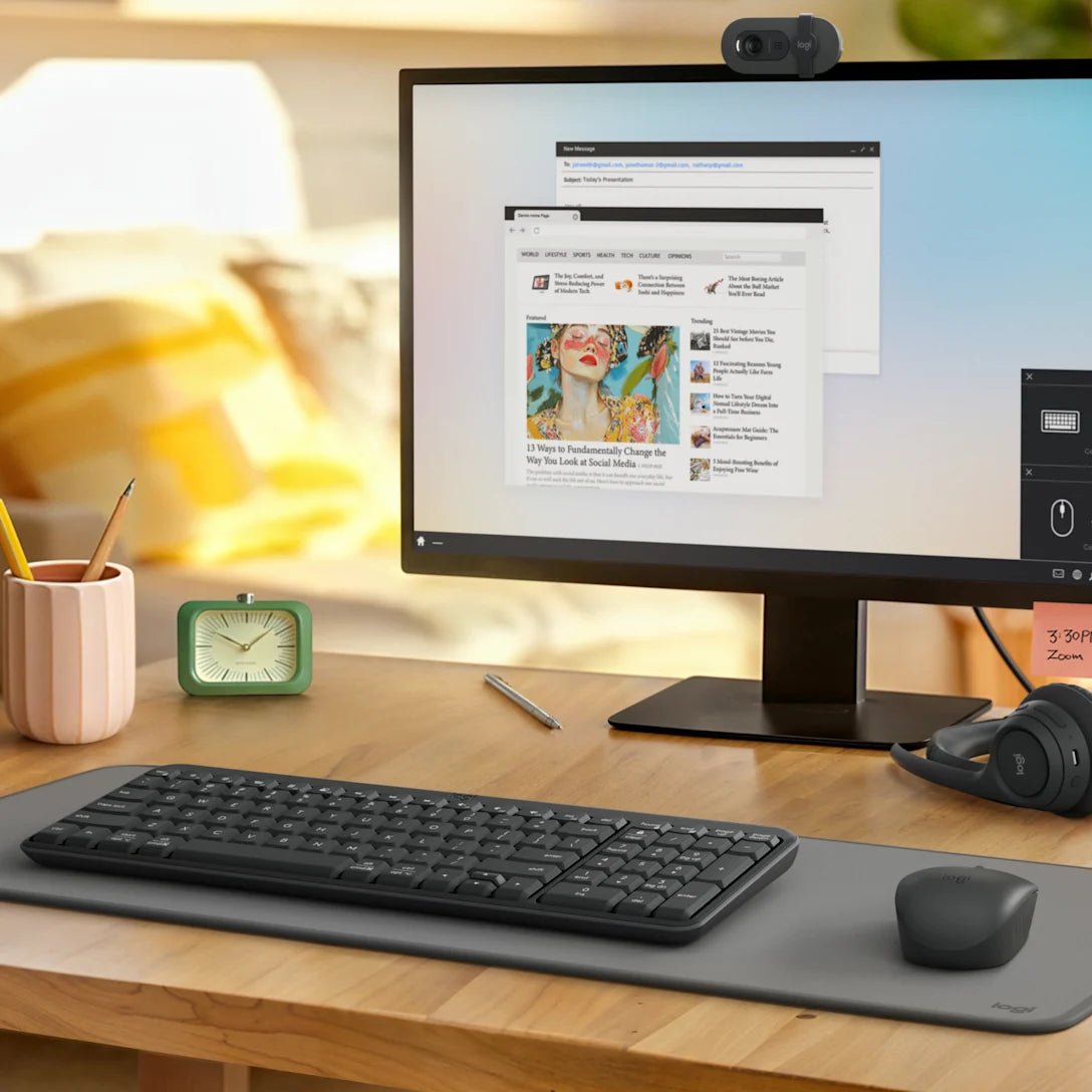 Logitech MK250 wireless keyboard and mouse combo with compact full-size keyboard and comfortable optical mouse, designed for reliable everyday computing and clutter-free wireless connectivity.