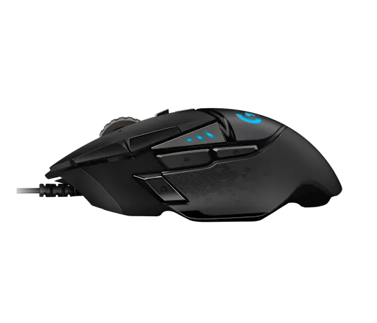 Side profile of Logitech G502 HERO gaming mouse showing ergonomic design and thumb buttons