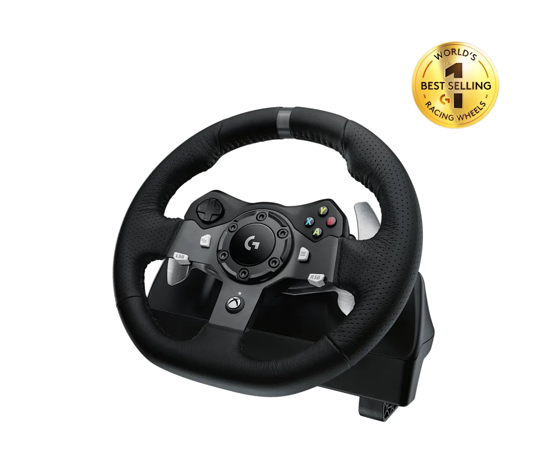 Logitech G923 racing wheel with 'World's Best Selling Racing Wheel' badge on a white background