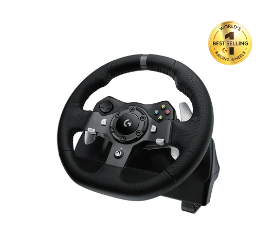 Logitech G923 racing wheel with 'World's Best Selling Racing Wheel' badge on a white background