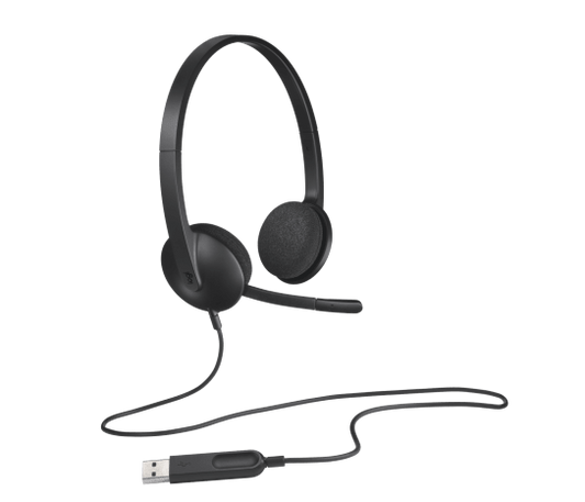 Logitech H340 USB Headset showing USB-A plug for digital audio connection and plug-and-play setup