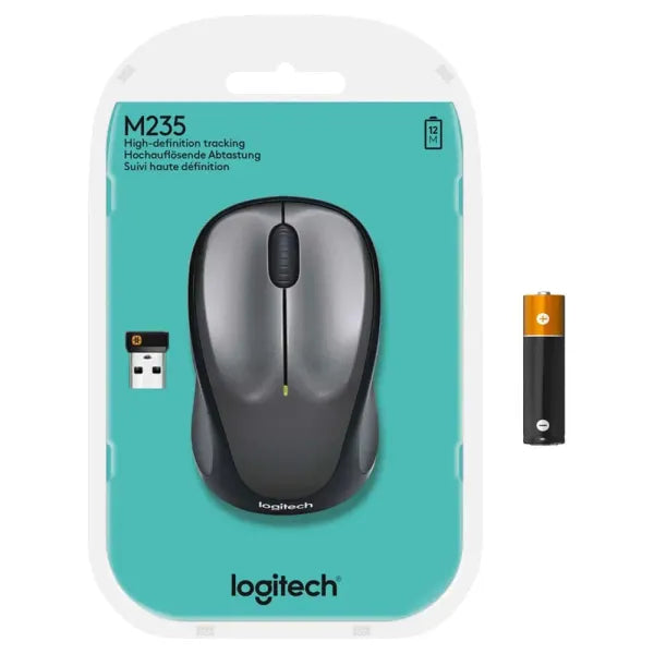 Close-up of Logitech M235 Wireless Mouse showing scroll wheel and ergonomic button layout