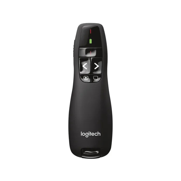 Logitech Wireless Presenter R400 with red laser pointer and ergonomic button layout