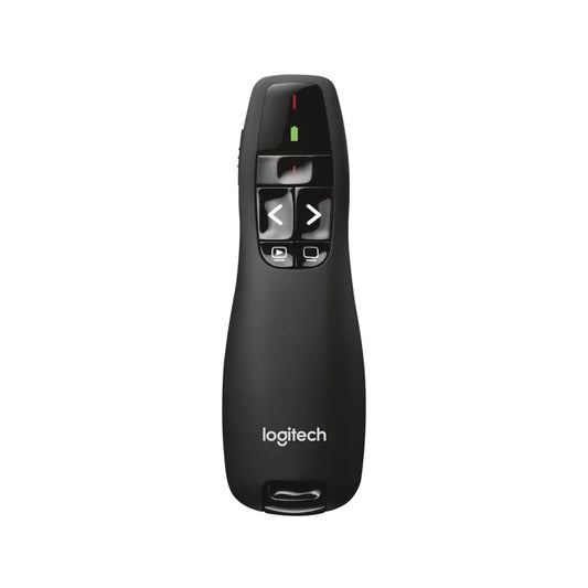 Logitech Wireless Presenter R400 with red laser pointer and ergonomic button layout