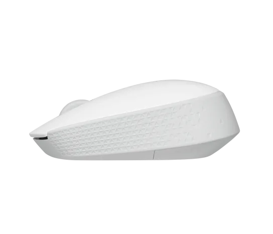 Side profile of Logitech M171 Wireless Mouse (White) showing contoured shape and comfortable grip