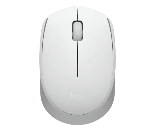 Logitech M171 Wireless Mouse in white with ergonomic design and optical tracking