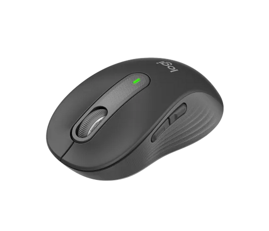 Side profile of Logitech M650 Signature Wireless Mouse showing contoured shape and soft thumb grip