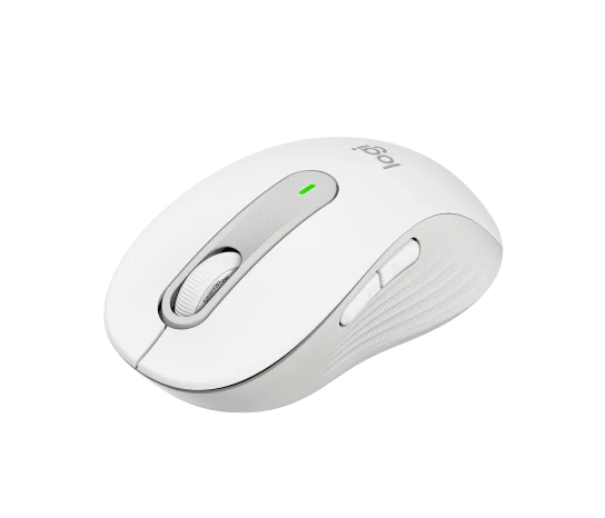 Side profile of Logitech M650 Signature Wireless Mouse in off-white showing contoured shape and soft thumb grip