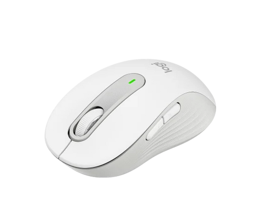Side profile of Logitech M650 Signature Wireless Mouse in off-white showing contoured shape and soft thumb grip