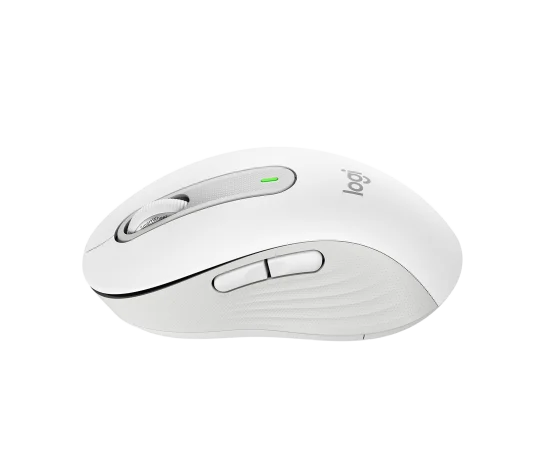 Side profile of Logitech M650 Signature Wireless Mouse in off-white showing contoured shape and soft thumb grip