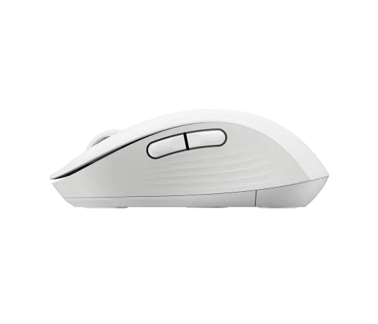 Side profile of Logitech M650 Signature Wireless Mouse in off-white showing contoured shape and soft thumb grip