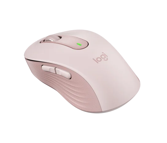 Side profile of Logitech M650 Signature Mouse in rose showing contoured shape and soft thumb grip
