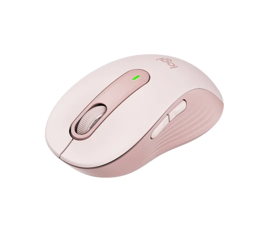 Side profile of Logitech M650 Signature Mouse in rose showing contoured shape and soft thumb grip