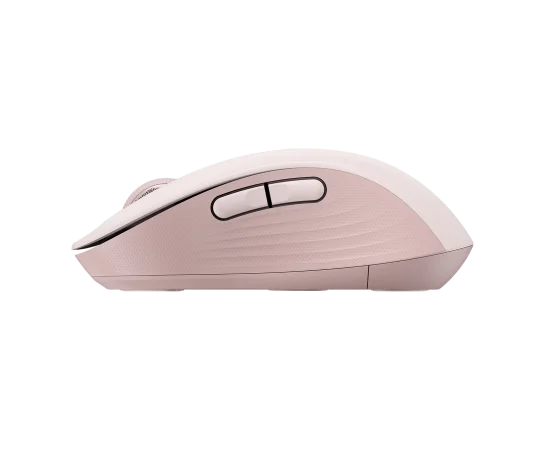 Side profile of Logitech M650 Signature Mouse in rose showing contoured shape and soft thumb grip