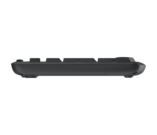 Side profile of Logitech MK295 wireless keyboard showing low-profile keys and compact design