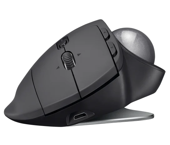Close-up of Logitech MX ERGO Wireless Trackball Mouse showing high-precision trackball and customizable buttons