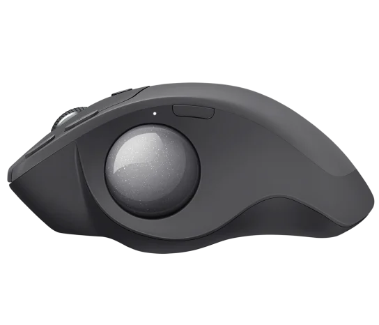 Side profile of Logitech MX ERGO Wireless Trackball Mouse showing 20-degree tilt for ergonomic comfort