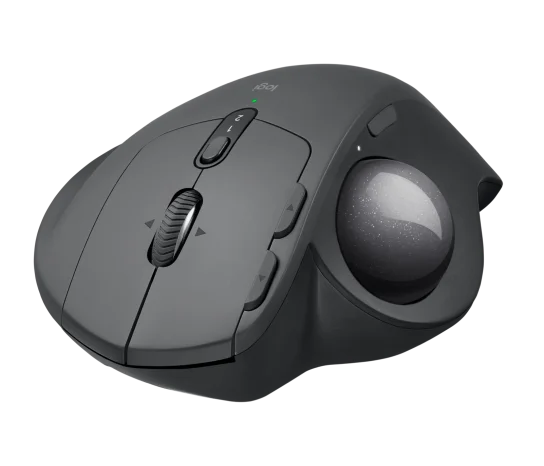 Close-up of Logitech MX ERGO Wireless Trackball Mouse showing high-precision trackball and customizable buttons