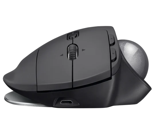Close-up of Logitech MX ERGO Wireless Trackball Mouse showing high-precision trackball and customizable buttons