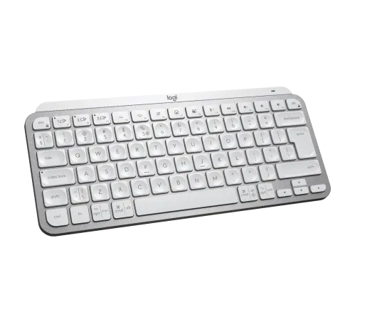Side profile of Logitech MX Keys Mini keyboard in pale grey showing slim, low-profile keys and minimalist layout