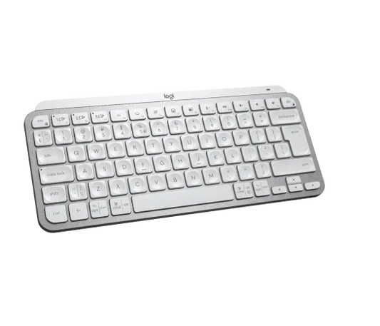 Side profile of Logitech MX Keys Mini keyboard in pale grey showing slim, low-profile keys and minimalist layout