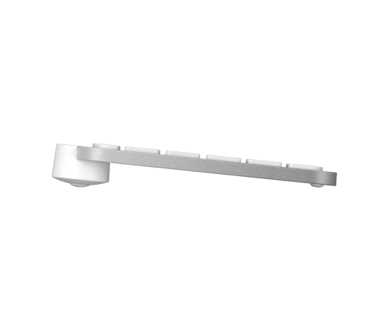 Side profile of Logitech MX Keys Mini keyboard in pale grey showing slim, low-profile keys and minimalist layout