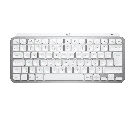 Logitech MX Keys Mini Wireless Illuminated Keyboard in pale grey with compact design and backlit keys