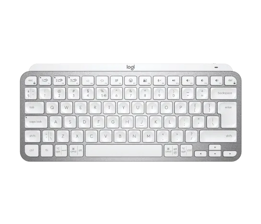 Logitech MX Keys Mini Wireless Illuminated Keyboard in pale grey with compact design and backlit keys
