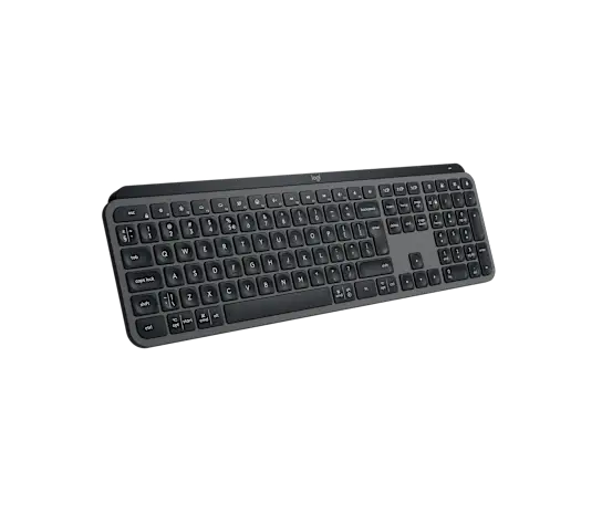 Side profile of Logitech MX Keys S keyboard in graphite showing slim, low-profile keys and modern layout