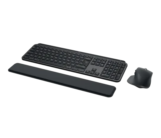 Side profile of Logitech MX Keys S keyboard and MX Master 3S mouse showing slim keyboard and ergonomic mouse design