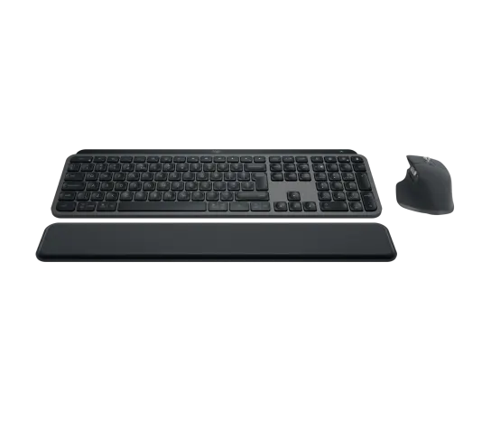 Side profile of Logitech MX Keys S keyboard and MX Master 3S mouse showing slim keyboard and ergonomic mouse design