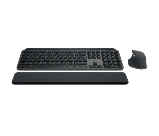 Side profile of Logitech MX Keys S keyboard and MX Master 3S mouse showing slim keyboard and ergonomic mouse design