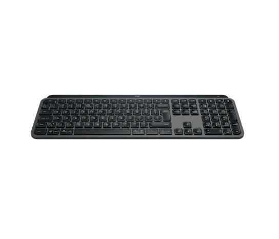 Side profile of Logitech MX Keys S keyboard in graphite showing slim, low-profile keys and modern layout