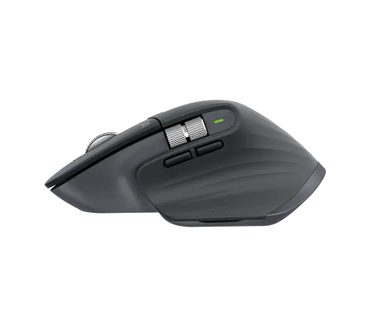 Side profile of Logitech MX Master 3S mouse showing contoured shape and thumb rest for ergonomic comfort