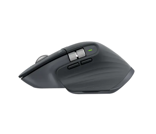 Side profile of Logitech MX Master 3S mouse showing contoured shape and thumb rest for ergonomic comfort