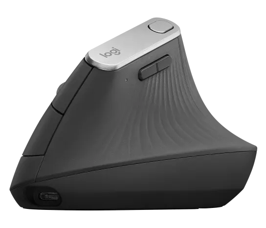 Side profile of Logitech MX Vertical Ergonomic Mouse showing vertical design for reduced wrist strain