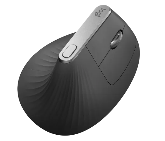 Side profile of Logitech MX Vertical Ergonomic Mouse showing vertical design for reduced wrist strain